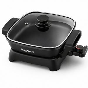 MagiCook electric fry pan with glass lid cooking eggs and vegetables in a modern kitchen