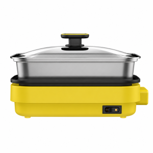 commercial induction cooker style tabletop electric cooker with yellow housing, cast aluminum plate, stainless steel pot and glass lid