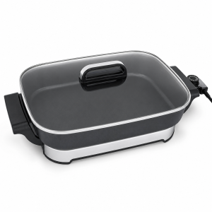 Fry pan rectangular electric nonstick cooker with glass lid, deep vessel, silver sidewall and black handles