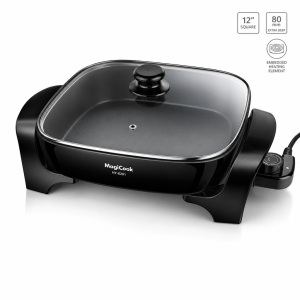 Fry pan 12-inch square electric skillet with glass lid, black handles, and detachable temperature control probe