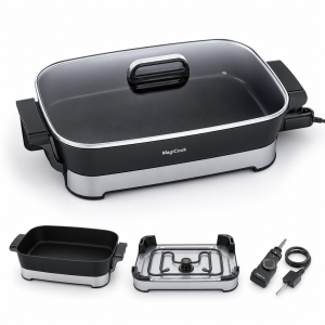 FRY pan rectangular electric skillet with glass lid, deep nonstick vessel, and detachable base