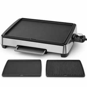 Grill Griddle electric indoor cooker with nonstick die-cast plate, stainless side panels and drip tray
