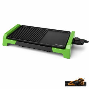 Grill Griddle tabletop electric plate with ridged grill side and flat griddle side in black with green side supports