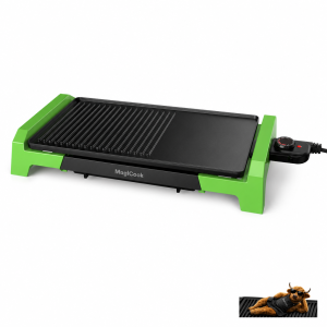 Grill Griddle electric tabletop plate with ribbed and flat cooking zones, 10 x 20 inch, black with green handles