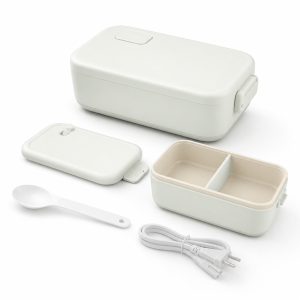 Lunch warmer with 900ml divided tray, detachable power cord, spoon, and compact off-white rectangular body