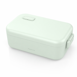 Lunch warmer in light mint green with rounded rectangular body and portable lidded design