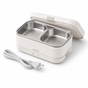 Lunch warmer with 0.8L SUS stainless steel inner tray, compact white housing and detachable power cord