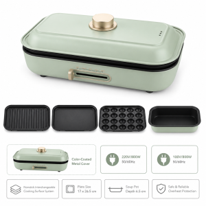Multi Cooker HY-6125 with interchangeable grill, flat, takoyaki plates and soup pot in mint green