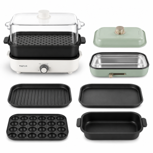 Multi Cooker tabletop grill set with interchangeable grill, flat, takoyaki plates and soup pot