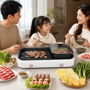 Multi Cooker HY-6320 with white housing, black grill plate and hot pot, dual knobs and tempered glass lid