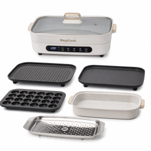 Multi Cooker electric grill set in white with interchangeable grill, flat, takoyaki, soup pot, and steamer attachments