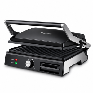 Panini Grill with angled non-stick plates, black housing, stainless steel accents, and detachable oil tray