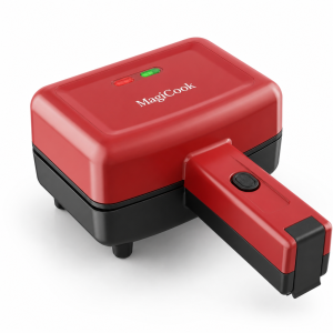 sandwich maker with red top, double mini bread cavities, locking handle, and black base