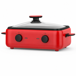 sandwich maker style compact red electric tabletop cooker with glass lid and dual front control knobs