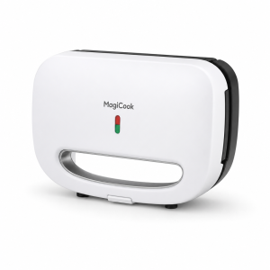 sandwich maker in mini suitcase design with latch, white and black compact body, upright storage format