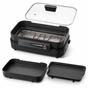 smokeless grill with interchangeable flat pan and grill griddle plate, tempered glass lid, and detachable design