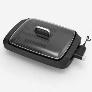 smokeless grill with tempered glass lid and black non-stick rectangular cooking plate