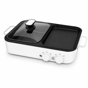 smokeless indoor electric grill with dual-zone hot pot and grill design in white and black tabletop format