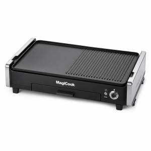 smokeless grill electric griddle with black nonstick plate, control probe, grease tray and silver side accents by MagiCook