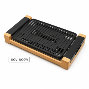 MagiCook smokeless grill with black ribbed plate and bamboo base for indoor tabletop grilling