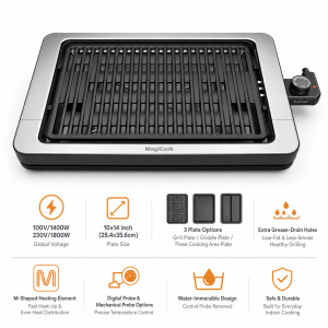 MagiCook smokeless grill with black body, silver SUS trim, removable grill plate and detachable control probe
