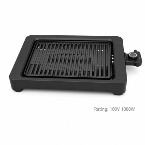 smokeless grill with black ribbed grill plate, detachable probe, and compact tabletop base