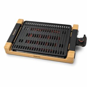 MagiCook smokeless grill with black removable plate, bamboo base, and side temperature probe connection