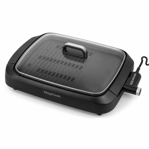 MagiCook smokeless grill with 30x40cm non-stick plate and tempered glass lid in black
