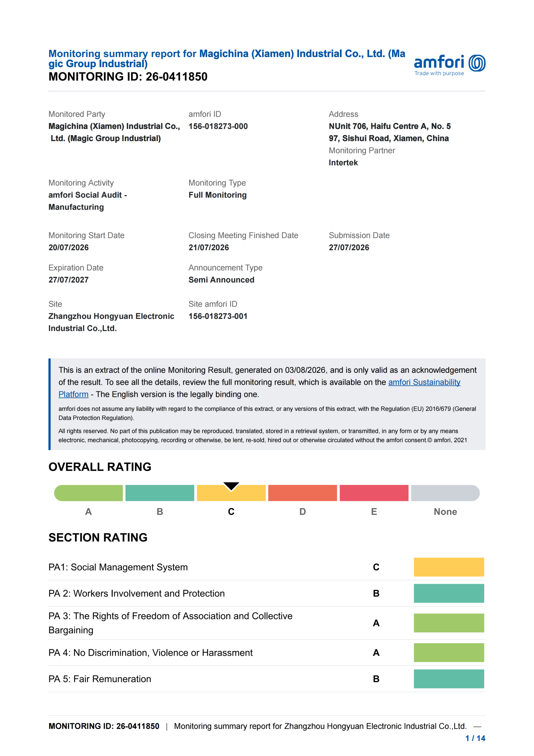 MagiCook amfori BSCI social audit monitoring summary 2026 valid through July 27 2027